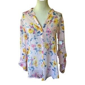 NEW KUT from the Kloth  Women XL Pink Floral Sheer Roll-Tab Sleeve  Blouse